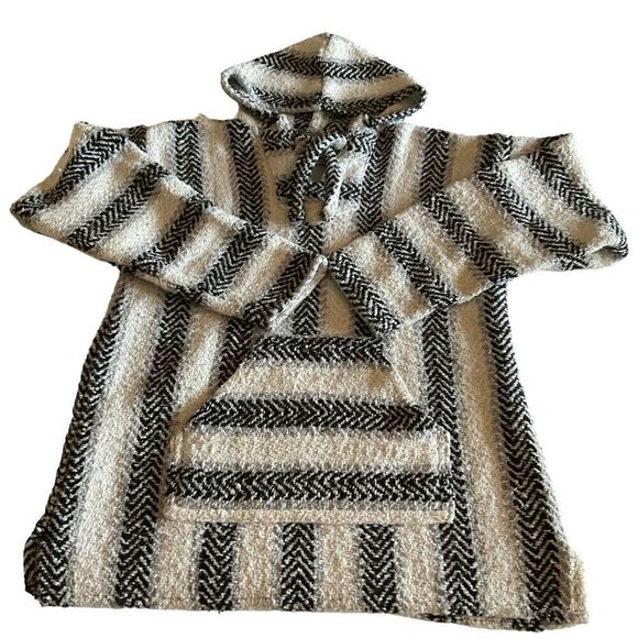 Earth Ragz Hoodie Unisex Black White Striped Baja Pullover Size Medium - Picture 8 of 12